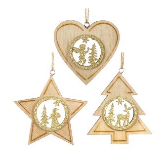 HTI-Living Baumschmuck natur-gold, 3er Set Holz 