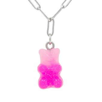 Fashionbox Kette Messing rhodiniert mit Anhänger Teddy pink 