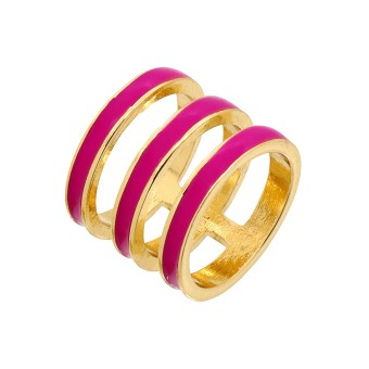 Fashionbox Ring rot vergoldet dreireihig mit Emaille-Einlage pink 052 (16,6)