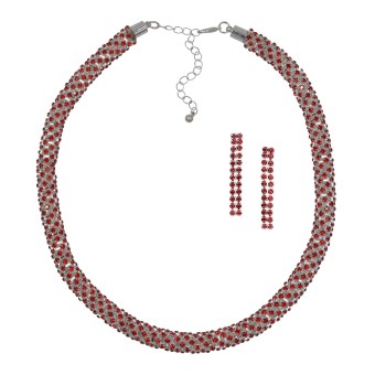 Steuer Modeschmuck Set Kette Ohrringe Metall 40+6,0cm glanz Glasstein rot 